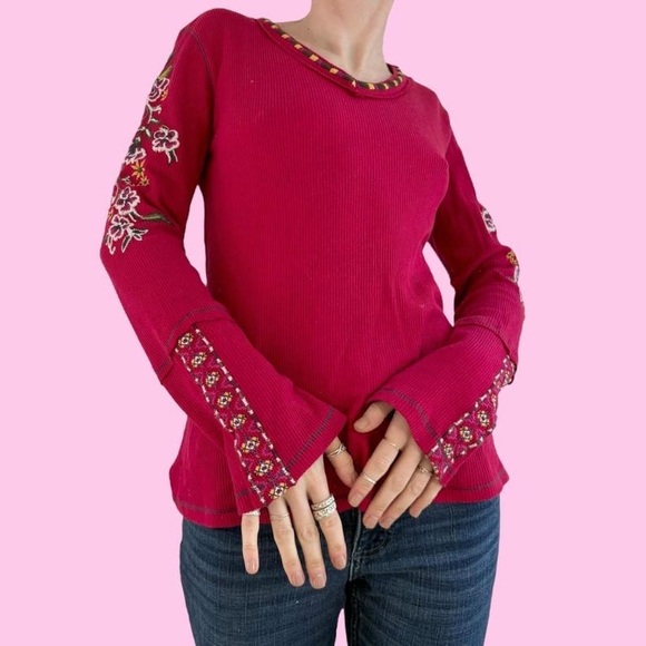Sundance Tops - Nwot Sundance Waffle Thermal Top L Embroidery Floral Boho Indie Retro Magenta